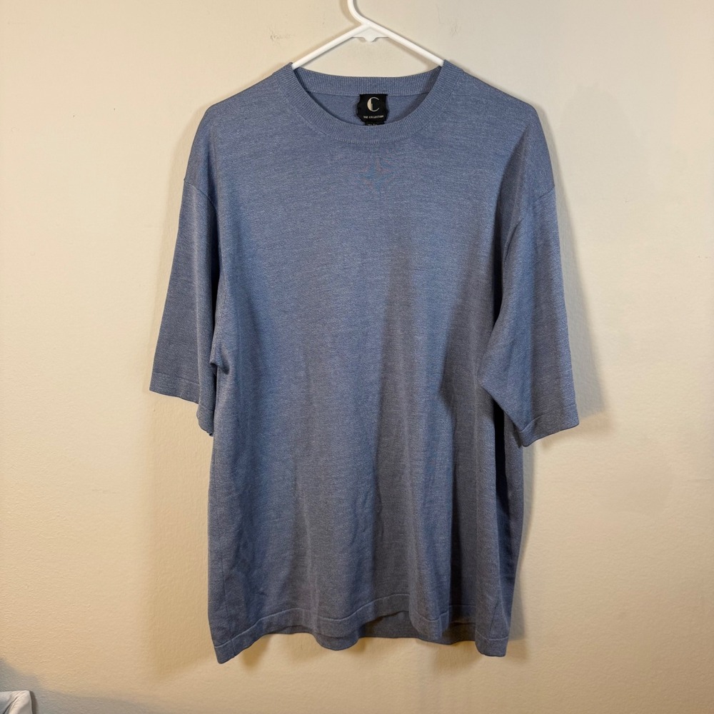 The Collection Mens Silk Blend Short Sleeve Knit Sweater Tee‎ Blue XL